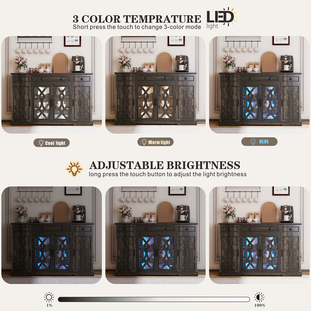 LED light fixture with adjustable brightness and color temperature on a wooden cabinet.