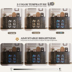 LED light fixture with adjustable brightness and color temperature on a wooden cabinet.
