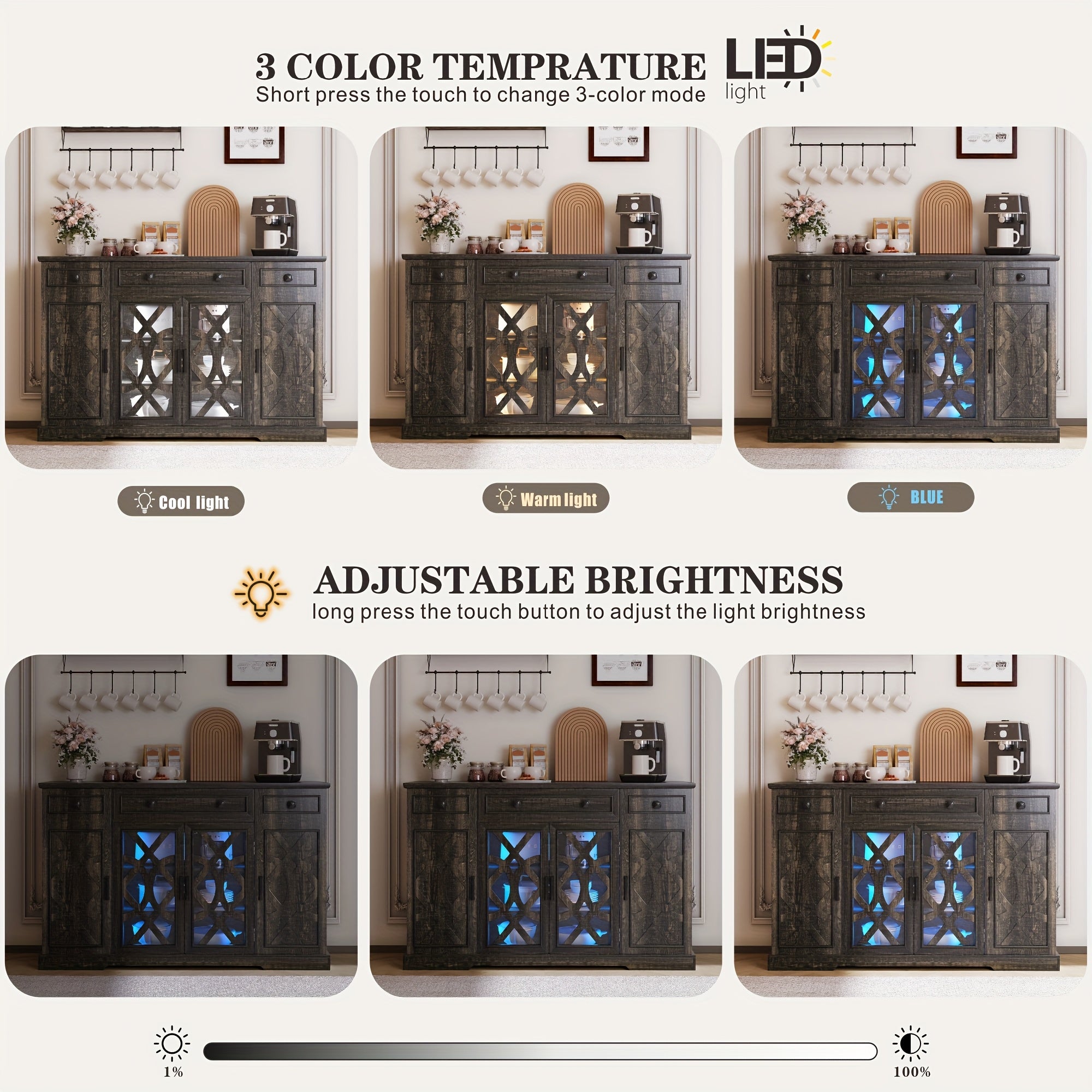 LED light fixture with adjustable brightness and color temperature on a wooden cabinet.