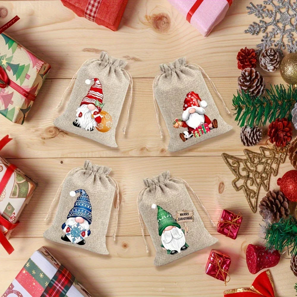12pcs Christmas Linen Gift Bag Set, Santa Claus Drawstring Bags, Suitable for Holiday Party Gifts and Jewelry Storage, Perfect for Christmas and New Year Party Supplies House Of Avana [[SKU:HOA-STO-042]]