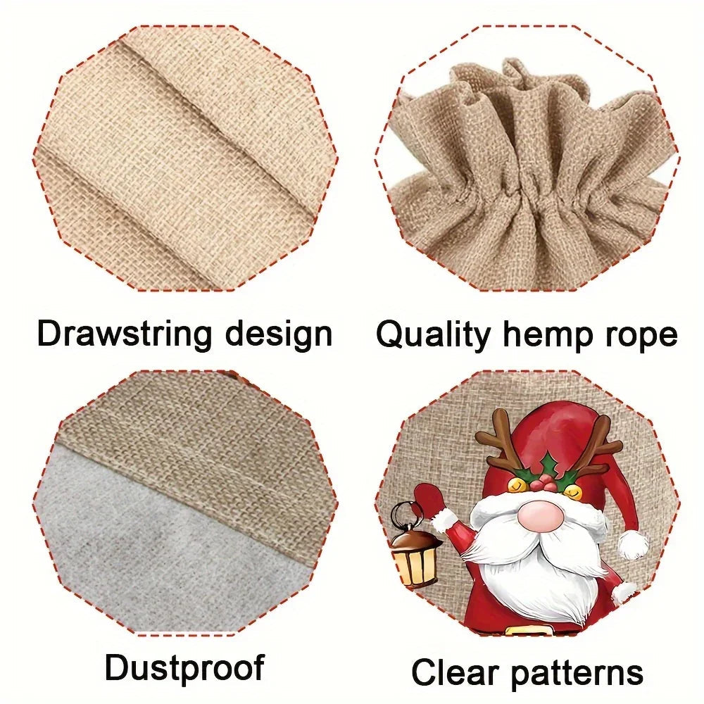 12pcs Christmas Linen Gift Bag Set, Santa Claus Drawstring Bags, Suitable for Holiday Party Gifts and Jewelry Storage, Perfect for Christmas and New Year Party Supplies House Of Avana [[SKU:HOA-STO-042]]