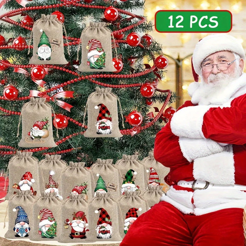 12pcs Christmas Linen Gift Bag Set, Santa Claus Drawstring Bags, Suitable for Holiday Party Gifts and Jewelry Storage, Perfect for Christmas and New Year Party Supplies House Of Avana [[SKU:HOA-STO-042]]