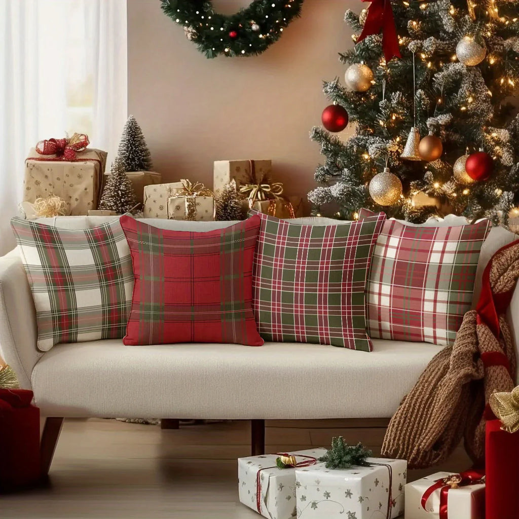 4pcs, Imitation Linen Christmas Red Plaid Pattern Pillow Covers, Single-Sided Print, 44.96cm x 44.96cm, 39.88cm x 39.88cm, Suitable for Sofa, Living Room, Bedroom Home Decor, Excludes Insert, Fall Pillow Cover, Green Checkere House Of Avana