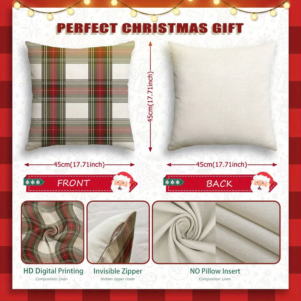 4pcs, Imitation Linen Christmas Red Plaid Pattern Pillow Covers, Single-Sided Print, 44.96cm x 44.96cm, 39.88cm x 39.88cm, Suitable for Sofa, Living Room, Bedroom Home Decor, Excludes Insert, Fall Pillow Cover, Green Checkere House Of Avana