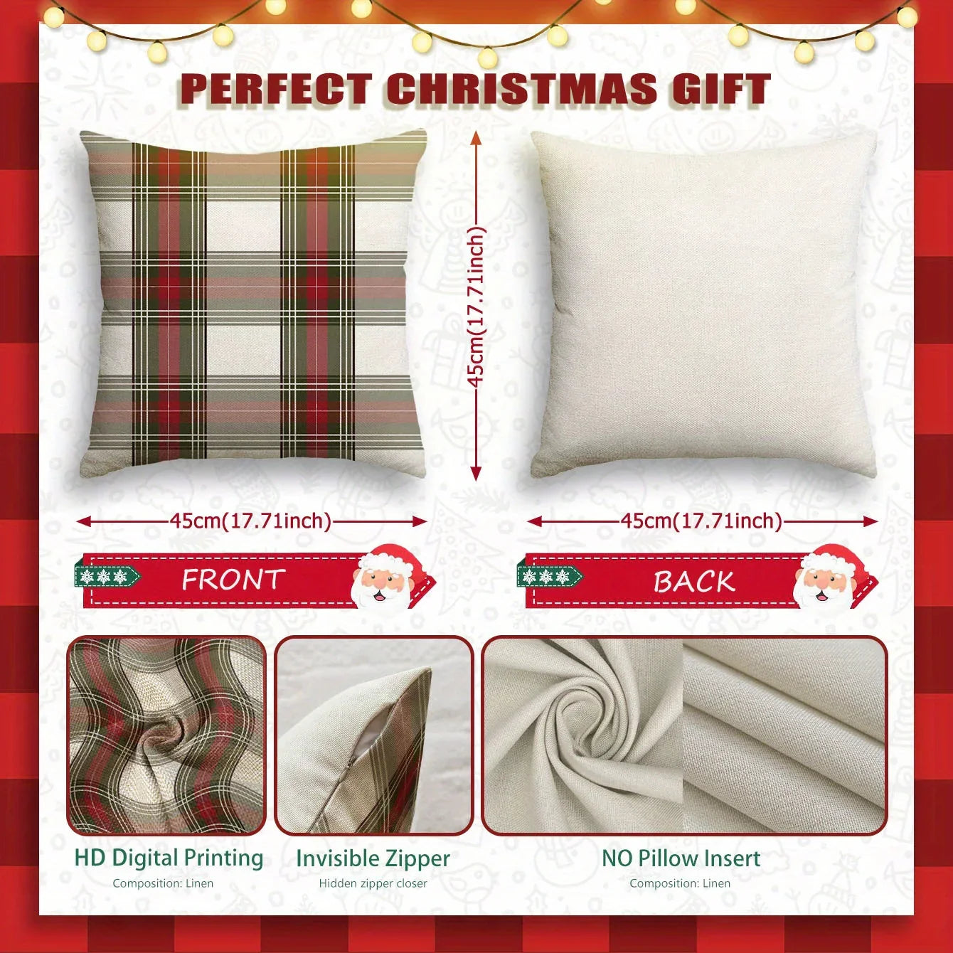 4pcs, Imitation Linen Christmas Red Plaid Pattern Pillow Covers, Single-Sided Print, 44.96cm x 44.96cm, 39.88cm x 39.88cm, Suitable for Sofa, Living Room, Bedroom Home Decor, Excludes Insert, Fall Pillow Cover, Green Checkere House Of Avana