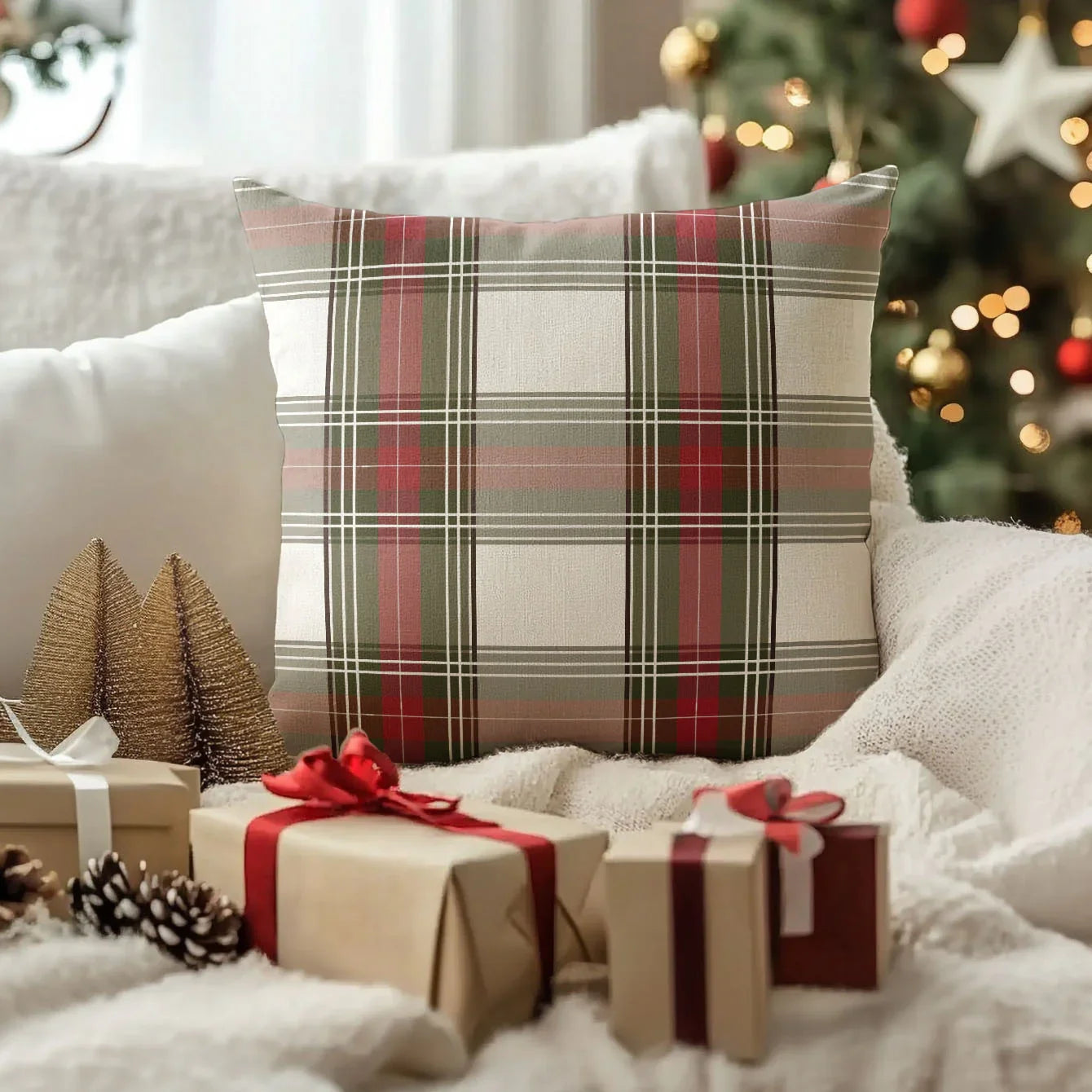 4pcs, Imitation Linen Christmas Red Plaid Pattern Pillow Covers, Single-Sided Print, 44.96cm x 44.96cm, 39.88cm x 39.88cm, Suitable for Sofa, Living Room, Bedroom Home Decor, Excludes Insert, Fall Pillow Cover, Green Checkere House Of Avana