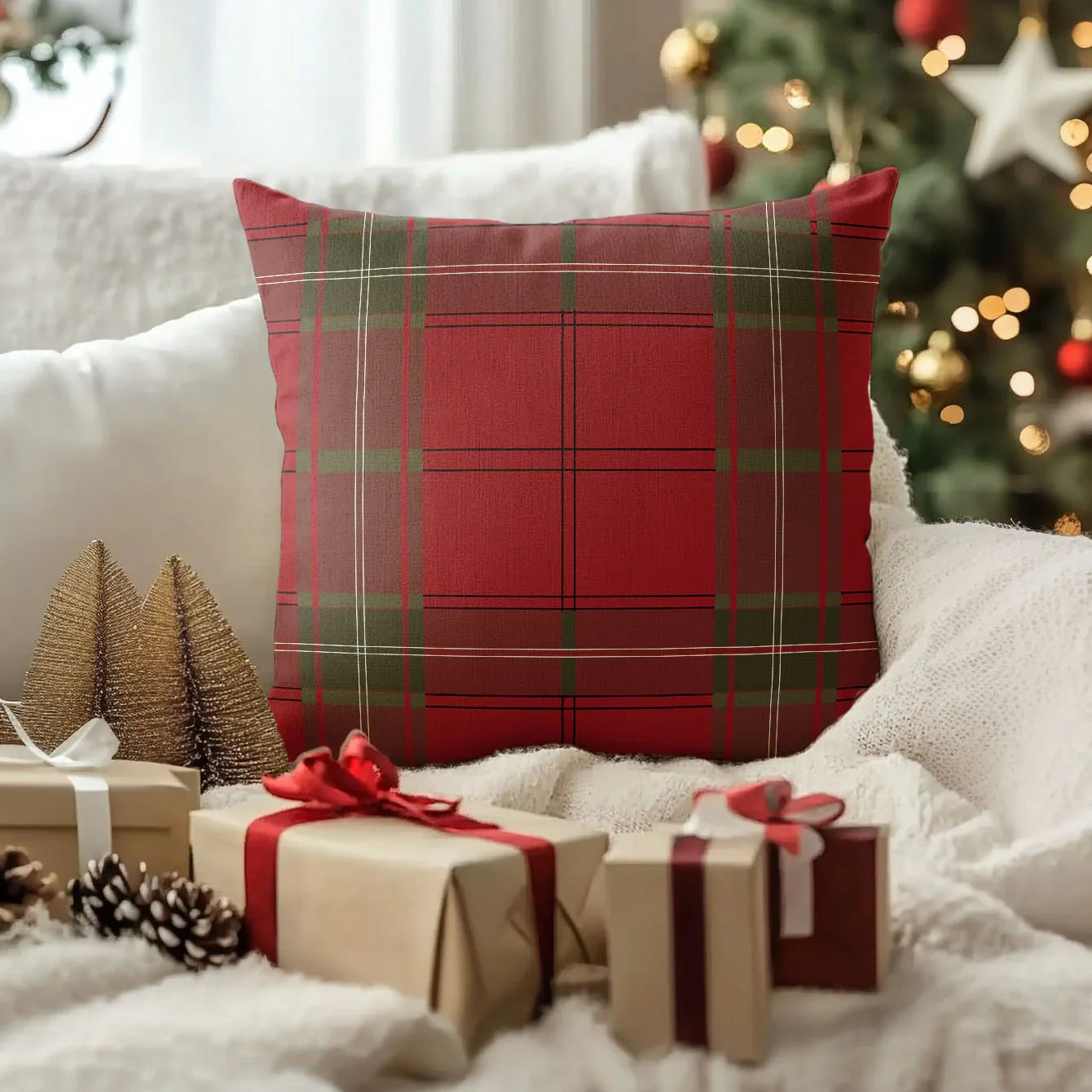 4pcs, Imitation Linen Christmas Red Plaid Pattern Pillow Covers, Single-Sided Print, 44.96cm x 44.96cm, 39.88cm x 39.88cm, Suitable for Sofa, Living Room, Bedroom Home Decor, Excludes Insert, Fall Pillow Cover, Green Checkere House Of Avana