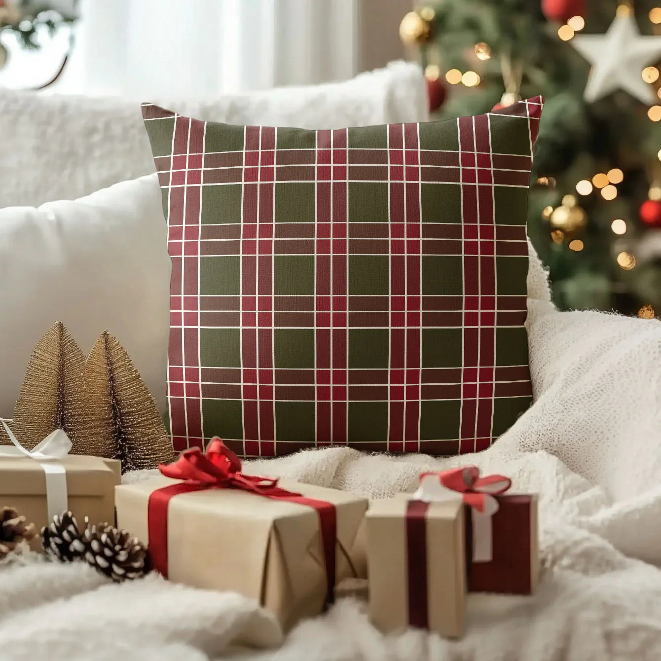 4pcs, Imitation Linen Christmas Red Plaid Pattern Pillow Covers, Single-Sided Print, 44.96cm x 44.96cm, 39.88cm x 39.88cm, Suitable for Sofa, Living Room, Bedroom Home Decor, Excludes Insert, Fall Pillow Cover, Green Checkere House Of Avana