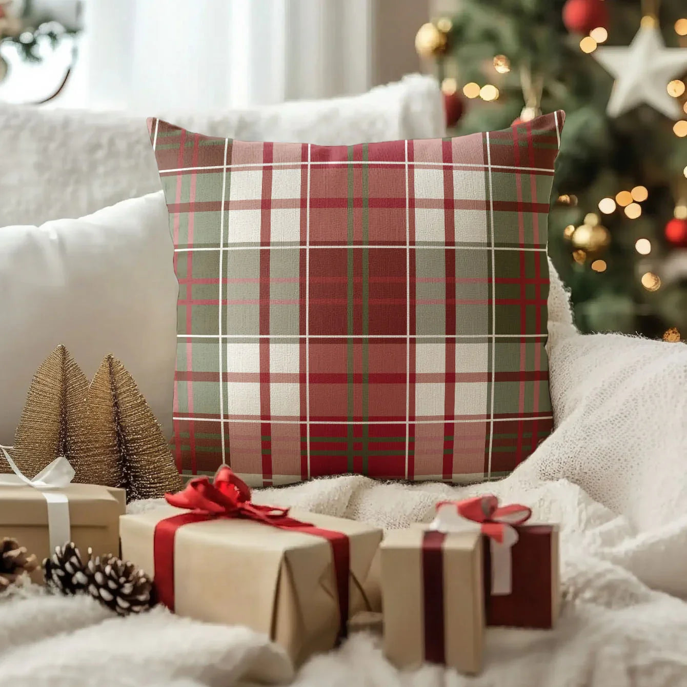 4pcs, Imitation Linen Christmas Red Plaid Pattern Pillow Covers, Single-Sided Print, 44.96cm x 44.96cm, 39.88cm x 39.88cm, Suitable for Sofa, Living Room, Bedroom Home Decor, Excludes Insert, Fall Pillow Cover, Green Checkere House Of Avana