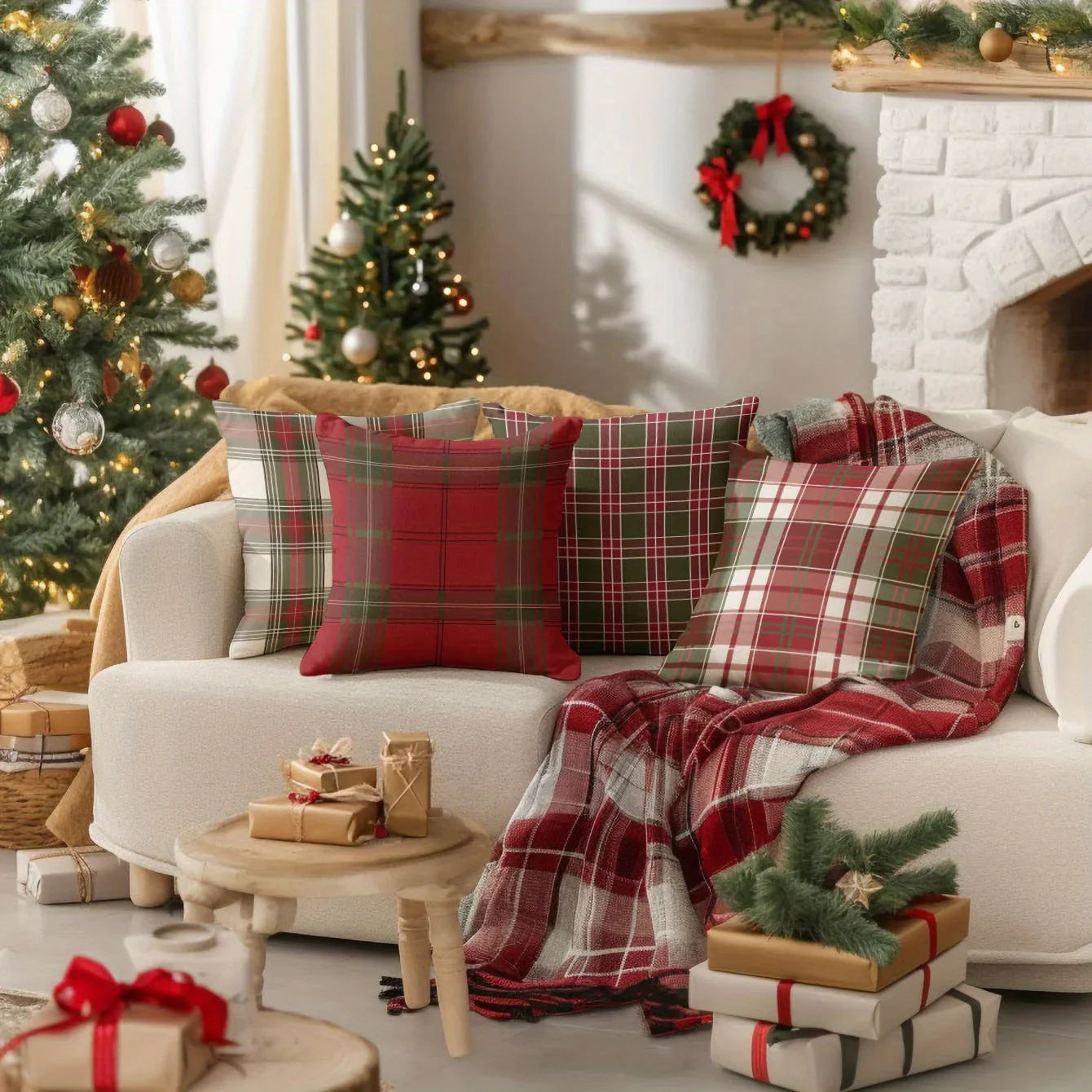 4pcs, Imitation Linen Christmas Red Plaid Pattern Pillow Covers, Single-Sided Print, 44.96cm x 44.96cm, 39.88cm x 39.88cm, Suitable for Sofa, Living Room, Bedroom Home Decor, Excludes Insert, Fall Pillow Cover, Green Checkere House Of Avana