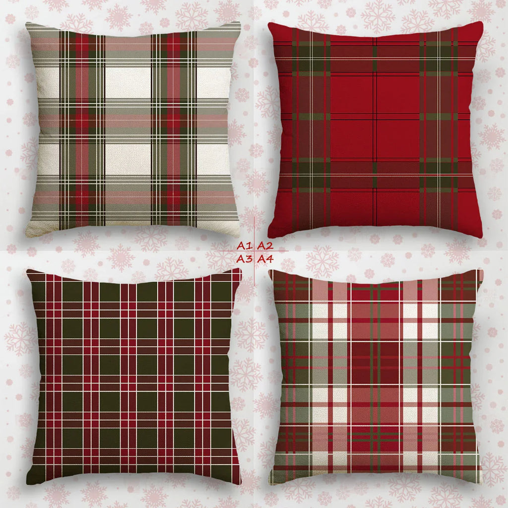 4pcs, Imitation Linen Christmas Red Plaid Pattern Pillow Covers, Single-Sided Print, 44.96cm x 44.96cm, 39.88cm x 39.88cm, Suitable for Sofa, Living Room, Bedroom Home Decor, Excludes Insert, Fall Pillow Cover, Green Checkere House Of Avana