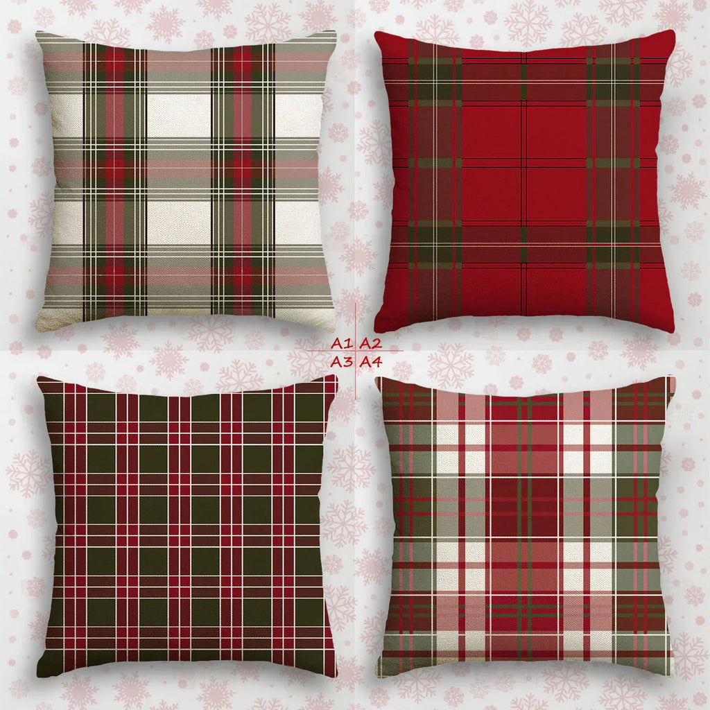 4pcs, Imitation Linen Christmas Red Plaid Pattern Pillow Covers, Single-Sided Print, 44.96cm x 44.96cm, 39.88cm x 39.88cm, Suitable for Sofa, Living Room, Bedroom Home Decor, Excludes Insert, Fall Pillow Cover, Green Checkere House Of Avana [[SKU:HOA-CUS-009]]