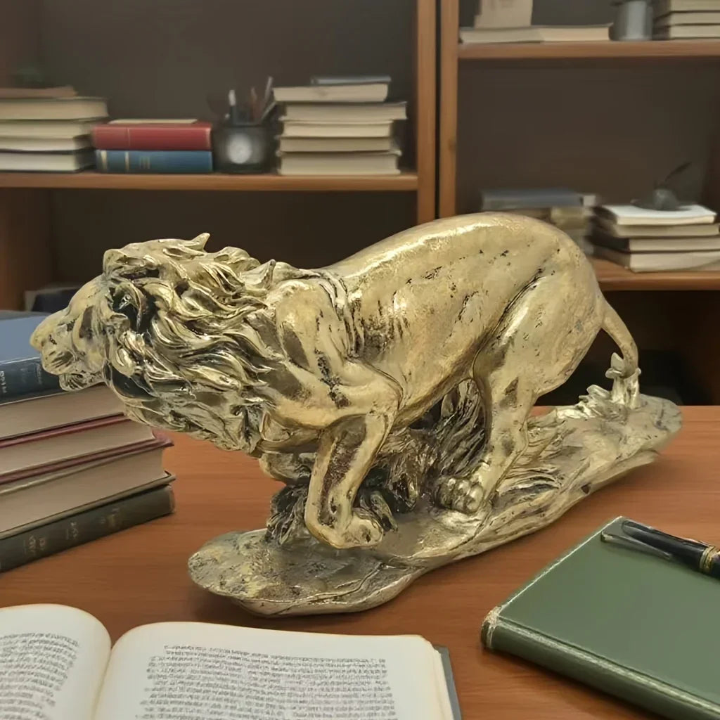 Lion Decoration - Elegant Golden-Brown Lion Figurine, Sturdy Base for Living Room, Office, Entryway - Luxury Home & Office Decor - No Electricity Needed - Resin Decorative Statue, Artistic Sculpture, Detailed Craftsmanship, T House Of Avana