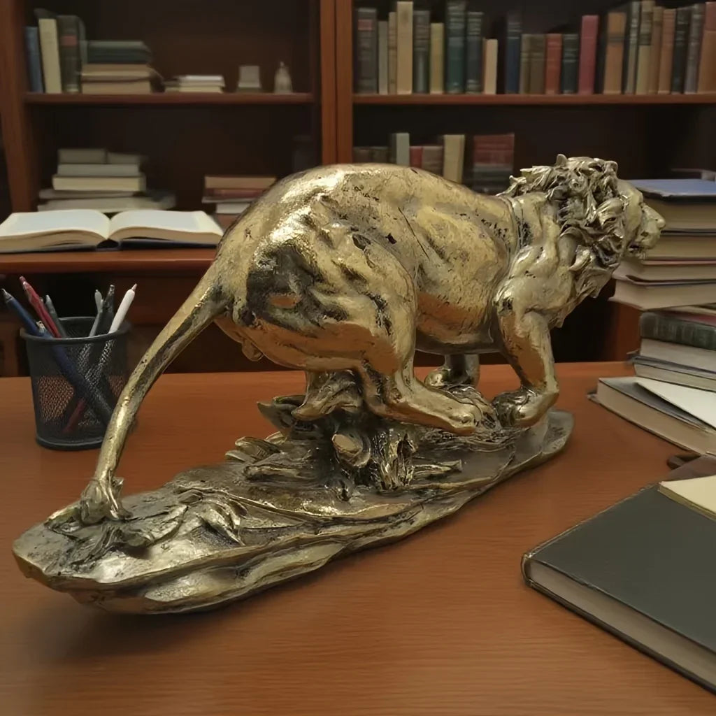Lion Decoration - Elegant Golden-Brown Lion Figurine, Sturdy Base for Living Room, Office, Entryway - Luxury Home & Office Decor - No Electricity Needed - Resin Decorative Statue, Artistic Sculpture, Detailed Craftsmanship, T House Of Avana