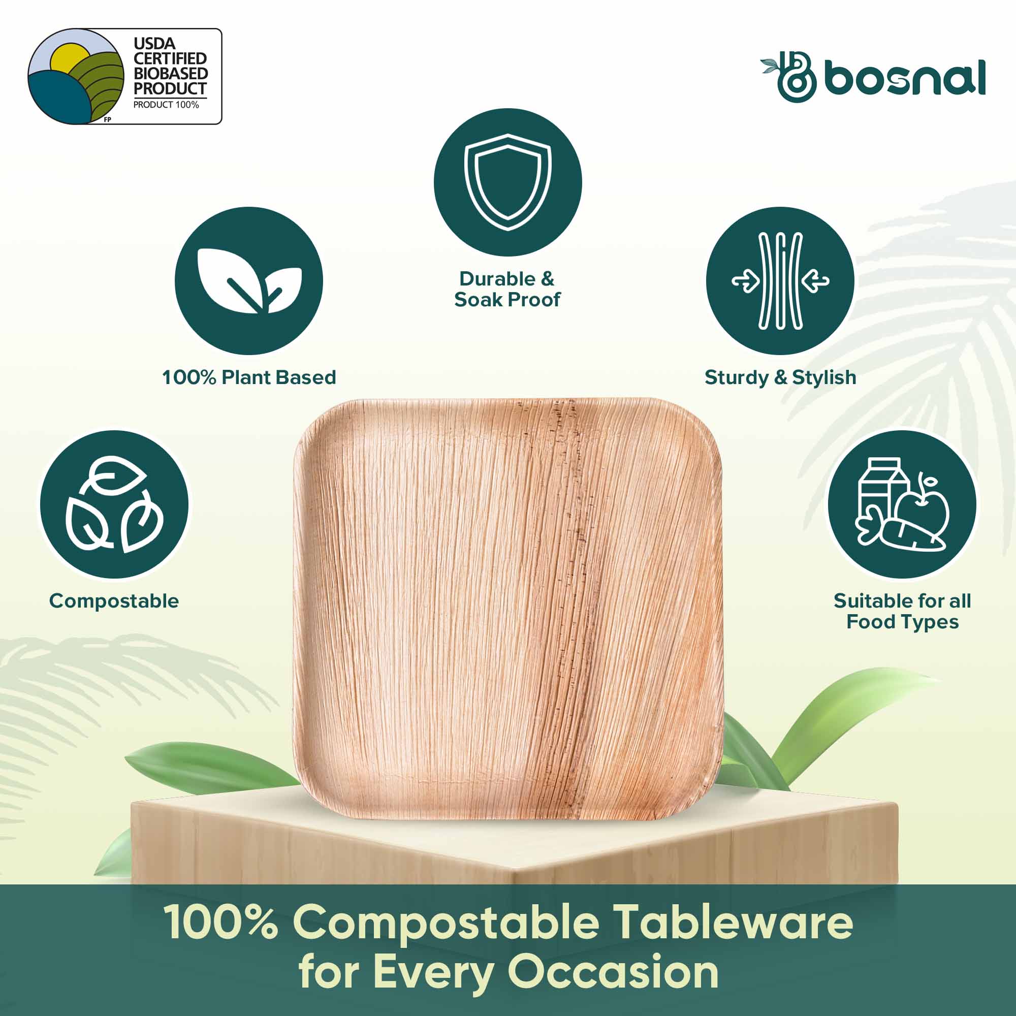Bosnal - Palm Leaf Biodegradable Plates, 10 inch, Square Bosnal