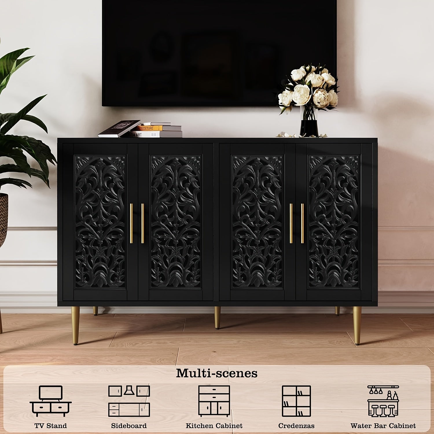 Black decorative cabinet with gold accents in a room setting.