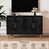 Black decorative cabinet with gold accents in a room setting.