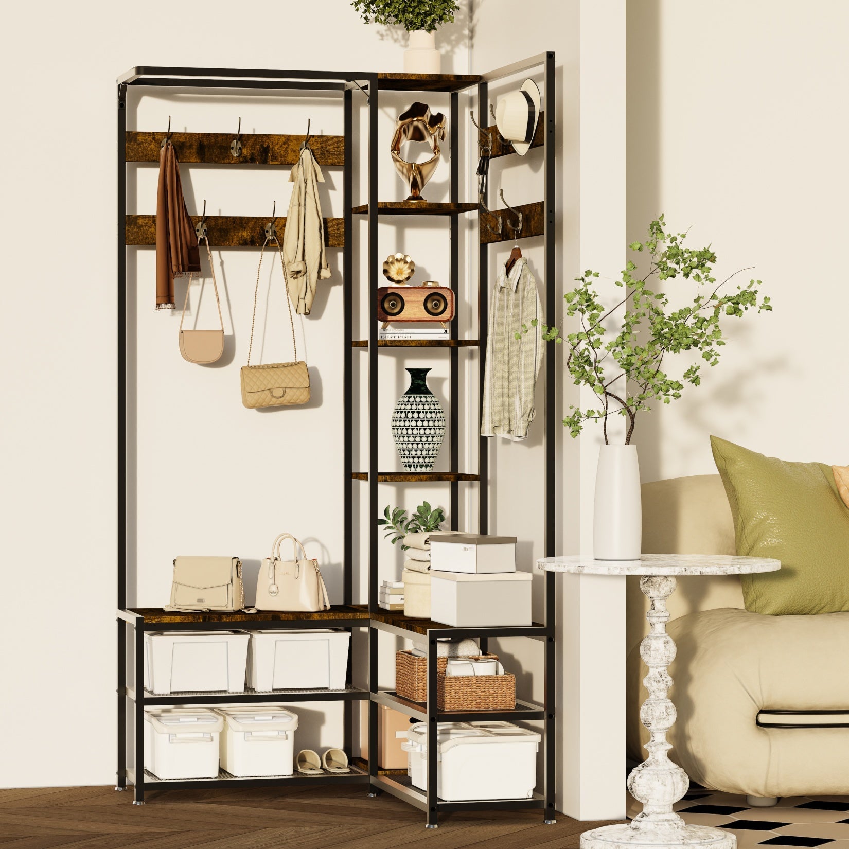 178.5cm H Coat Rack Shoe Bench: Industrial Corner Coat Stand with Shoe Rack Storage Bench for Entryway, Coat Rack Stand with 10 Hooks for Living Room, Bedroom, Rustic Brown House Of Avana
