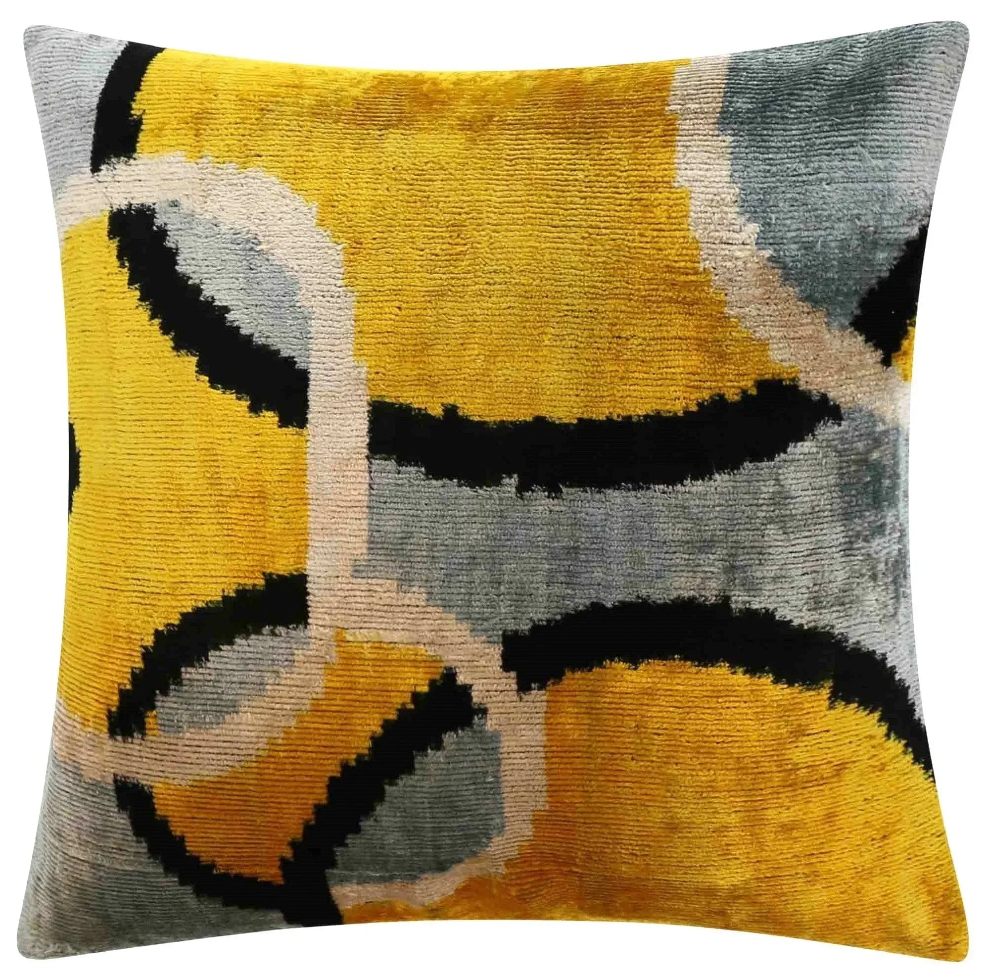 Luxurious 16x16 Silk Velvet Geometric Throw Pillow in Yellow and Gray – Down Feather Insert Canvello