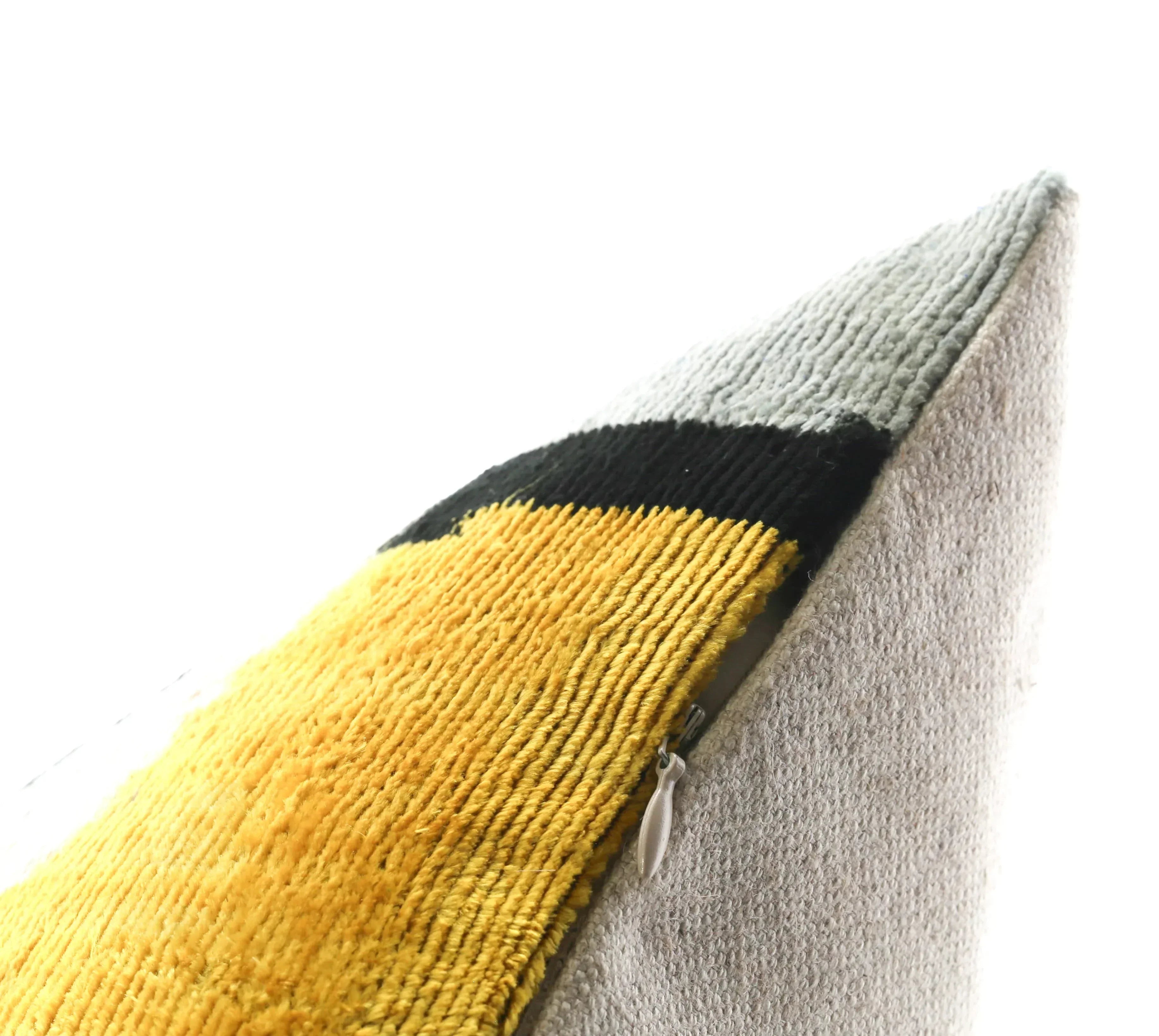 Luxurious 16x16 Silk Velvet Geometric Throw Pillow in Yellow and Gray – Down Feather Insert Canvello