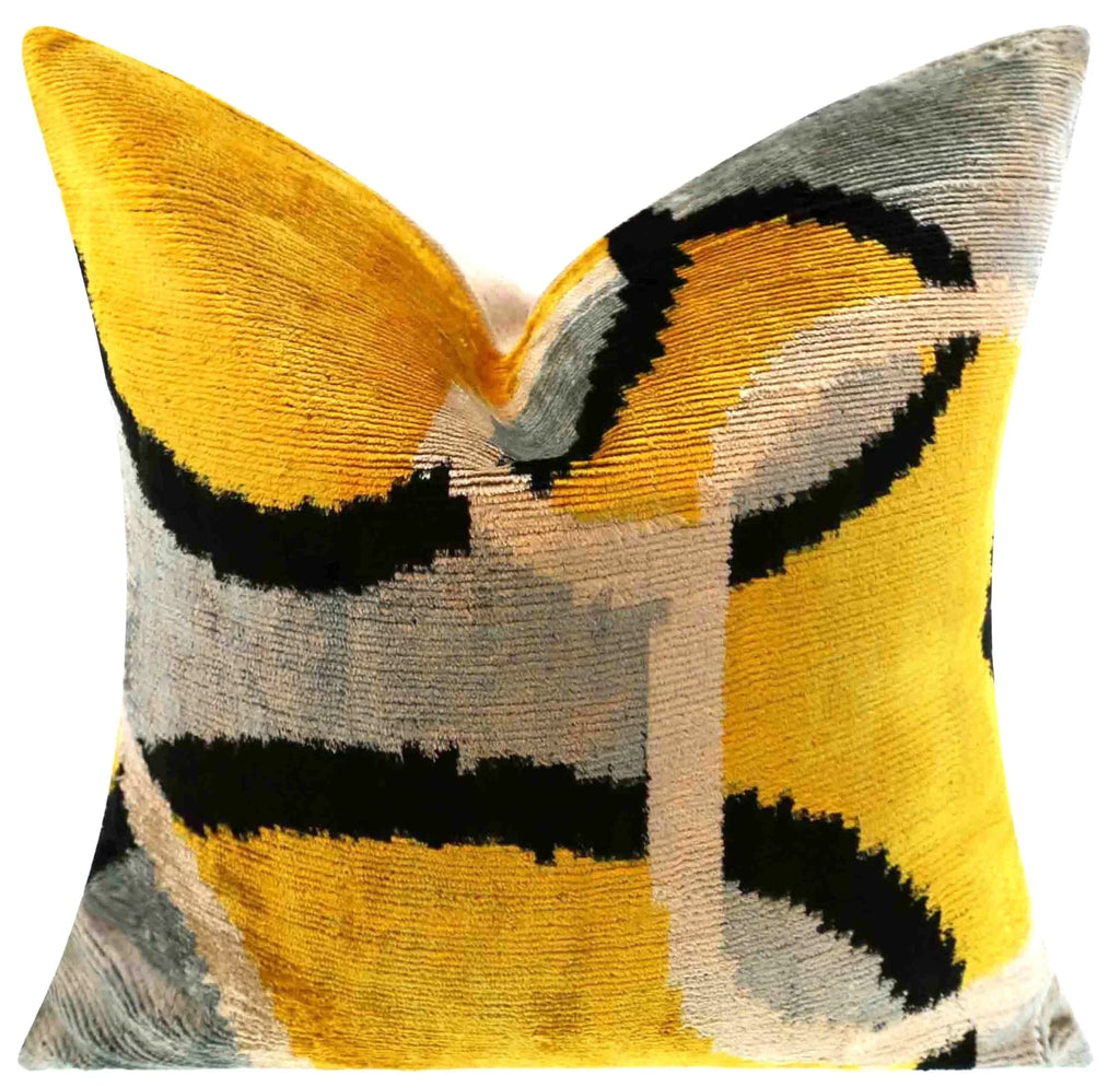Luxurious 16x16 Silk Velvet Geometric Throw Pillow in Yellow and Gray – Down Feather Insert Canvello