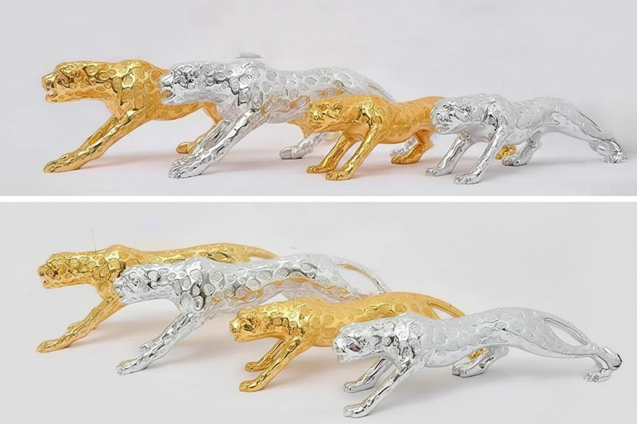 Elegant gold and silver luxury geometric running panther sculpture with textured metallic surfaces for modern decor