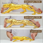 Golden luxury geometric running panther sculpture with textured spotted surface for modern home and office decor