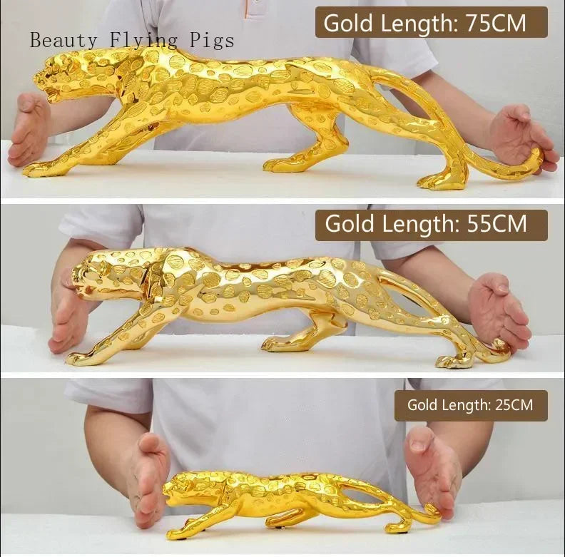 Golden luxury geometric running panther sculpture with textured spotted surface for modern home and office decor