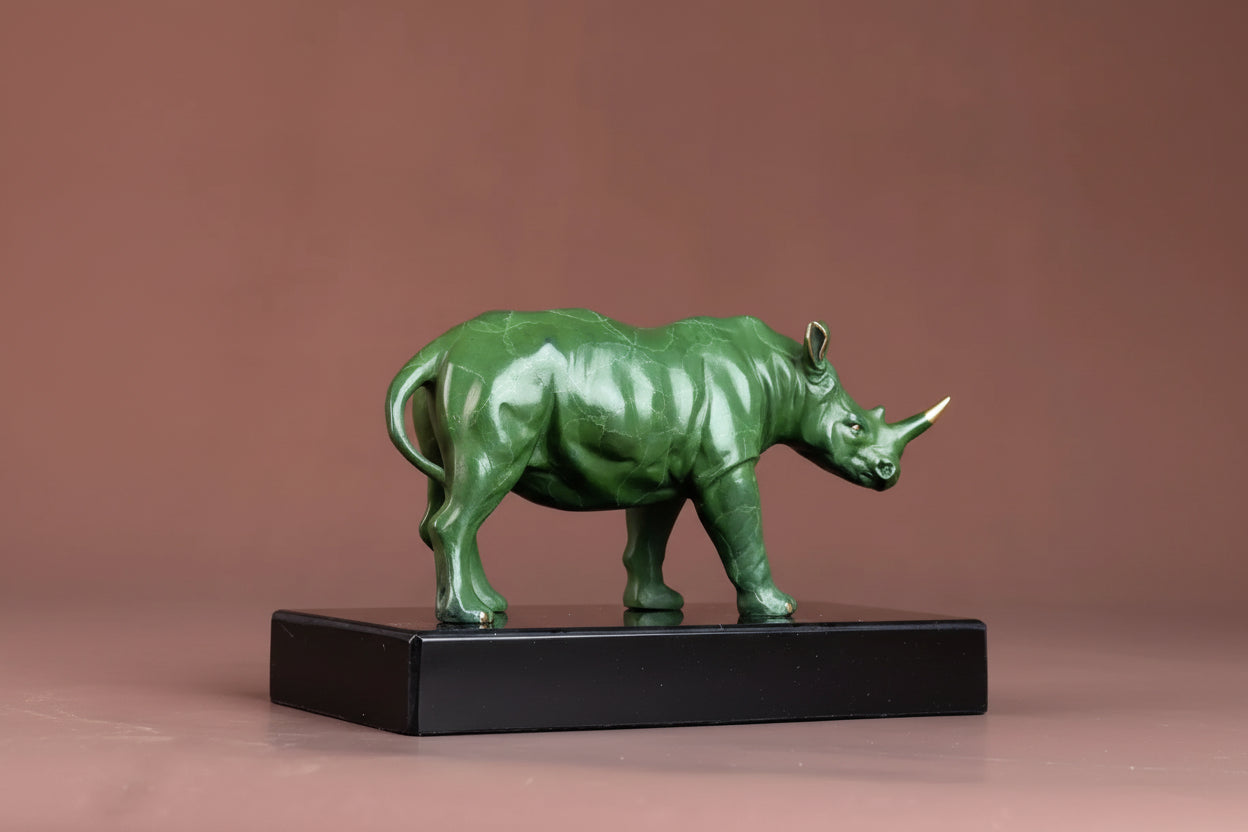 Luxury green rhinoceros statue decorative animal sculpture on a black base ideal for home and office decor