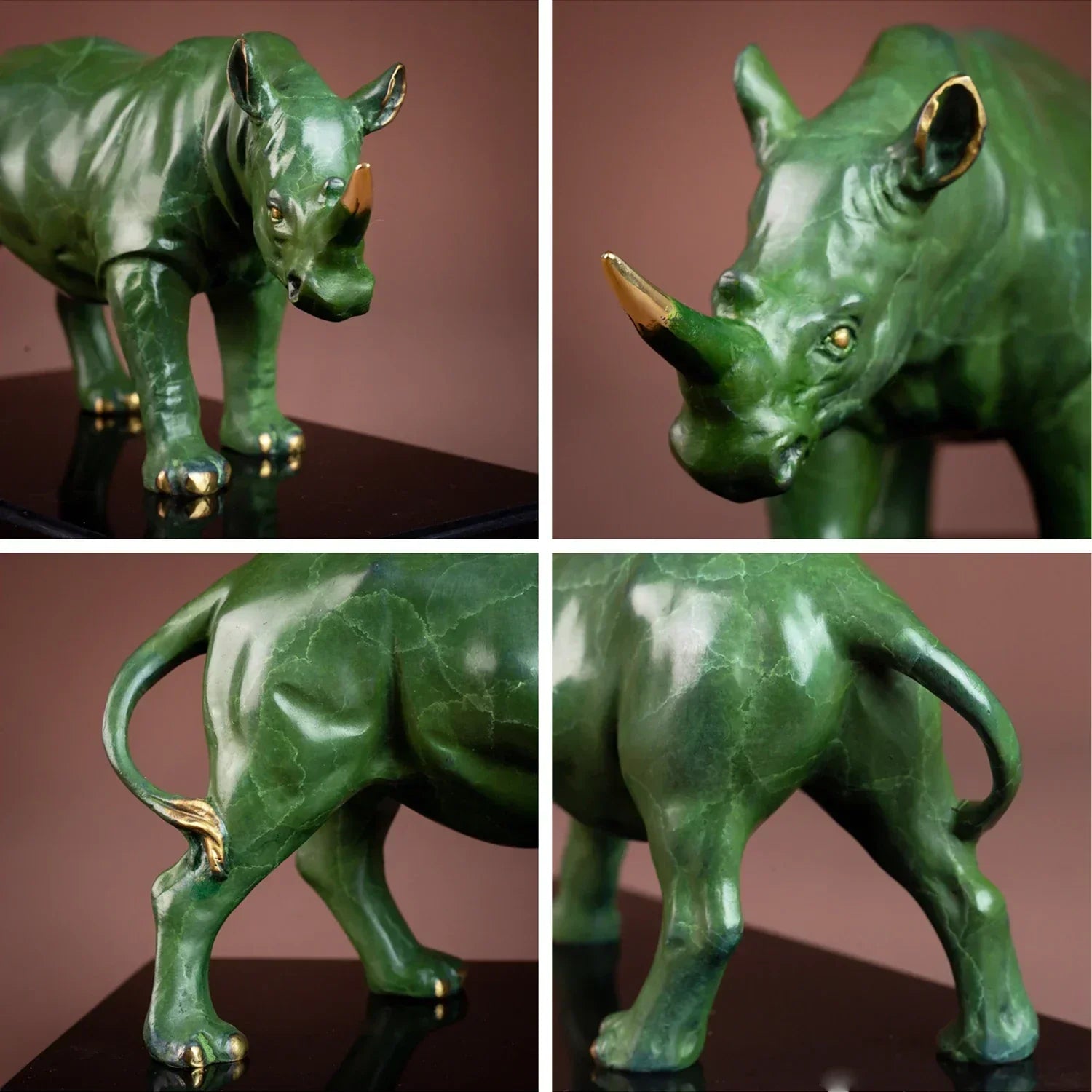 Luxury green rhinoceros statue with gold accents on horn feet and tail decorative animal sculpture for home and office decor