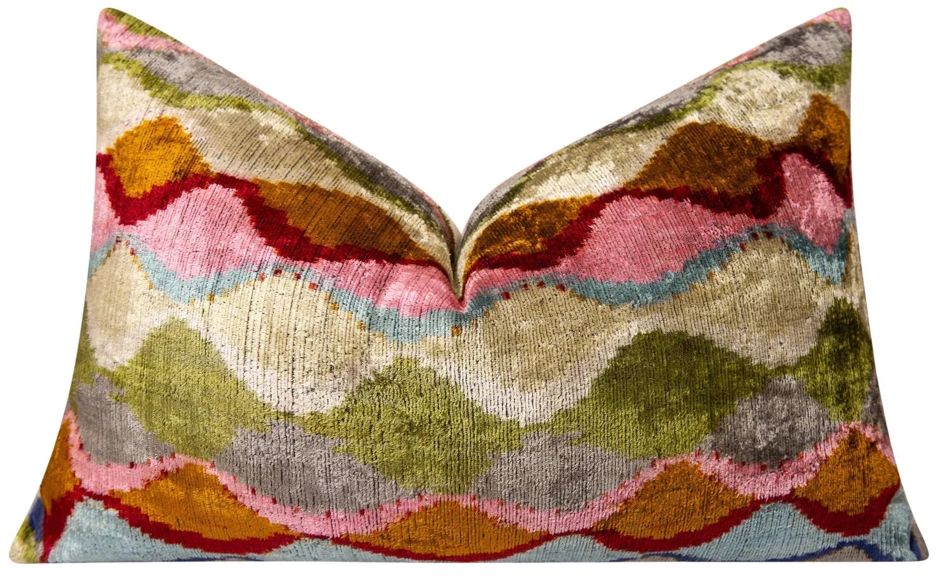 Luxury Handmade Silk Velvet Throw Pillow - 16x24 in, Multicolored Geometric Design with Down Feather Insert Canvello