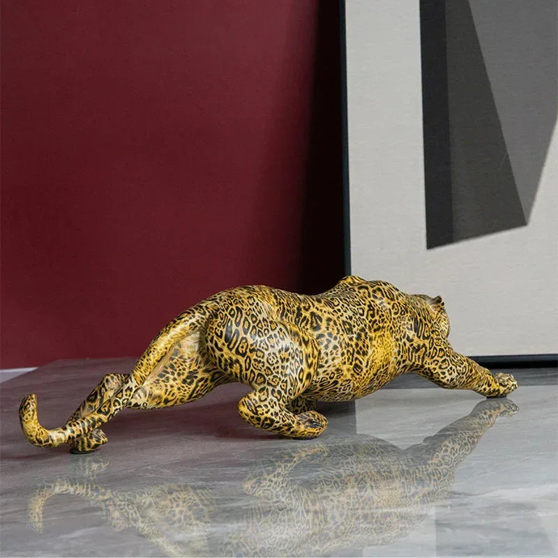 Luxury leopard animal figurine sculpture in glossy resin with detailed black rosette patterns for home and office decor