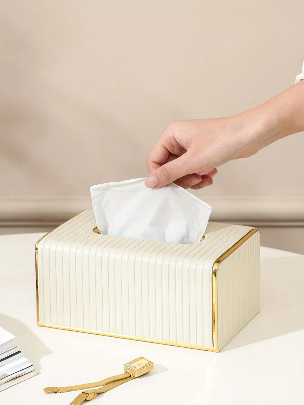 [Luxury Tissue Box Cover] Premium Faux Leather 1-Pack Striped Tissue Box Cover | Dual-Purpose for Dining Table & Home Decor, Golden Accents, Holds Standard Tissues, Modern Luxury Design for Living Room, Office, Hotel House Of Avana