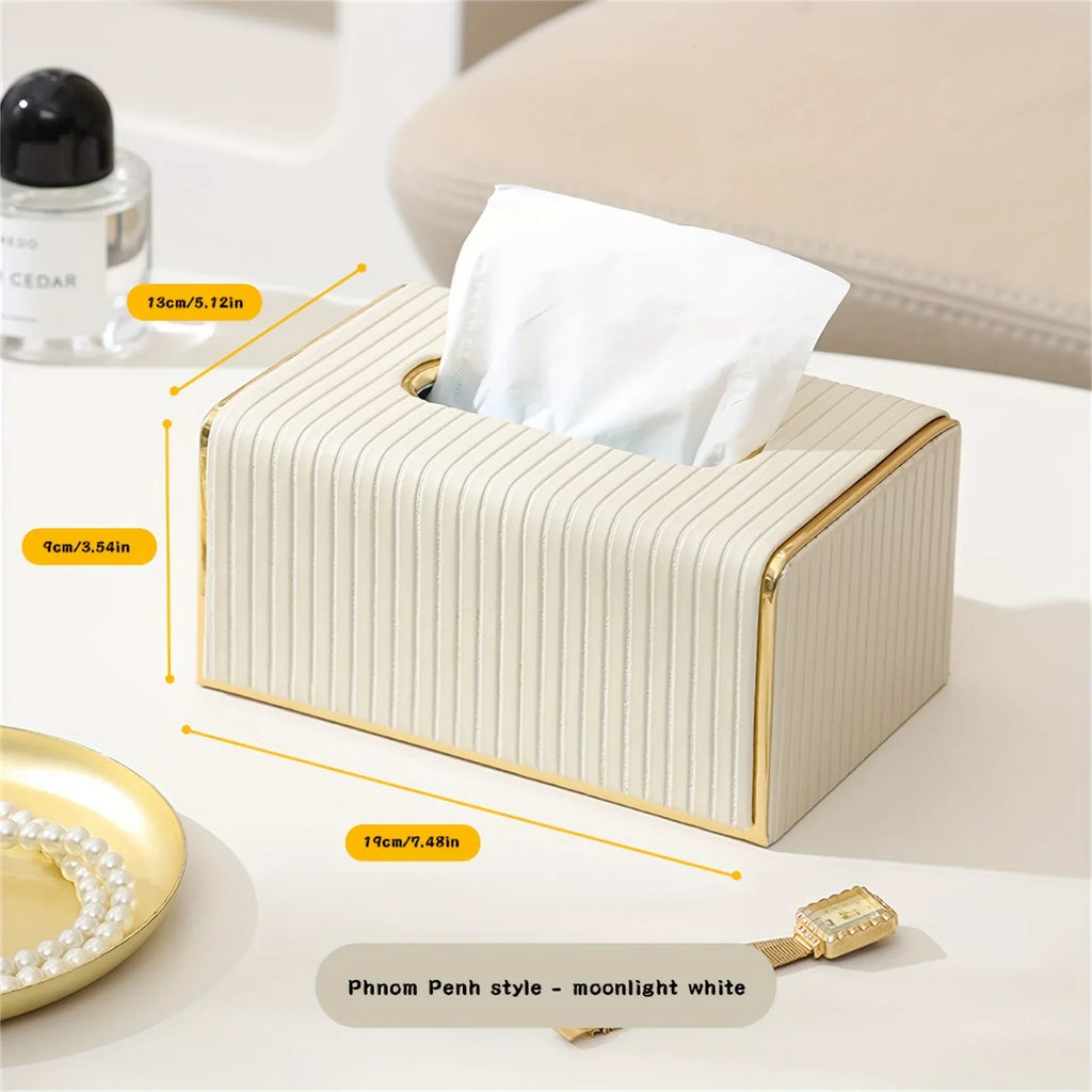 [Luxury Tissue Box Cover] Premium Faux Leather 1-Pack Striped Tissue Box Cover | Dual-Purpose for Dining Table & Home Decor, Golden Accents, Holds Standard Tissues, Modern Luxury Design for Living Room, Office, Hotel House Of Avana