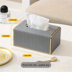 [Luxury Tissue Box Cover] Premium Faux Leather 1-Pack Striped Tissue Box Cover | Dual-Purpose for Dining Table & Home Decor, Golden Accents, Holds Standard Tissues, Modern Luxury Design for Living Room, Office, Hotel House Of Avana