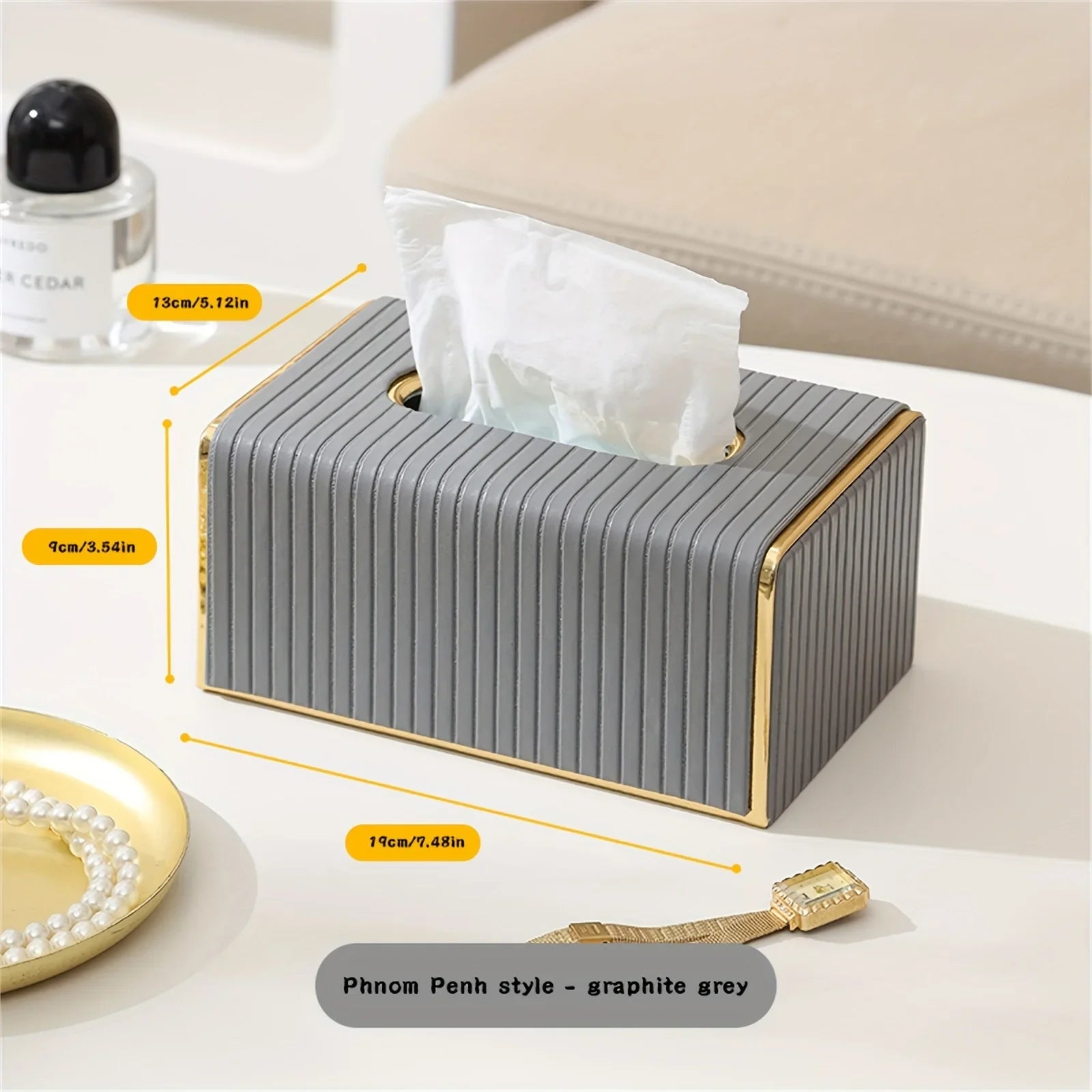 [Luxury Tissue Box Cover] Premium Faux Leather 1-Pack Striped Tissue Box Cover | Dual-Purpose for Dining Table & Home Decor, Golden Accents, Holds Standard Tissues, Modern Luxury Design for Living Room, Office, Hotel House Of Avana
