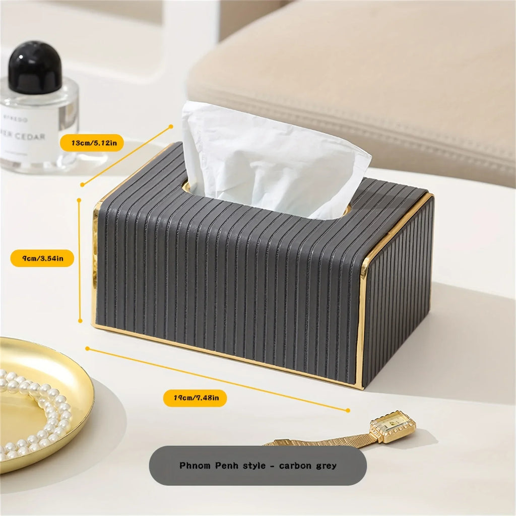 [Luxury Tissue Box Cover] Premium Faux Leather 1-Pack Striped Tissue Box Cover | Dual-Purpose for Dining Table & Home Decor, Golden Accents, Holds Standard Tissues, Modern Luxury Design for Living Room, Office, Hotel House Of Avana