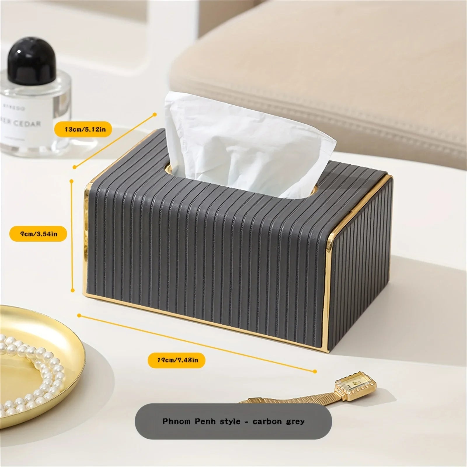 [Luxury Tissue Box Cover] Premium Faux Leather 1-Pack Striped Tissue Box Cover | Dual-Purpose for Dining Table & Home Decor, Golden Accents, Holds Standard Tissues, Modern Luxury Design for Living Room, Office, Hotel House Of Avana