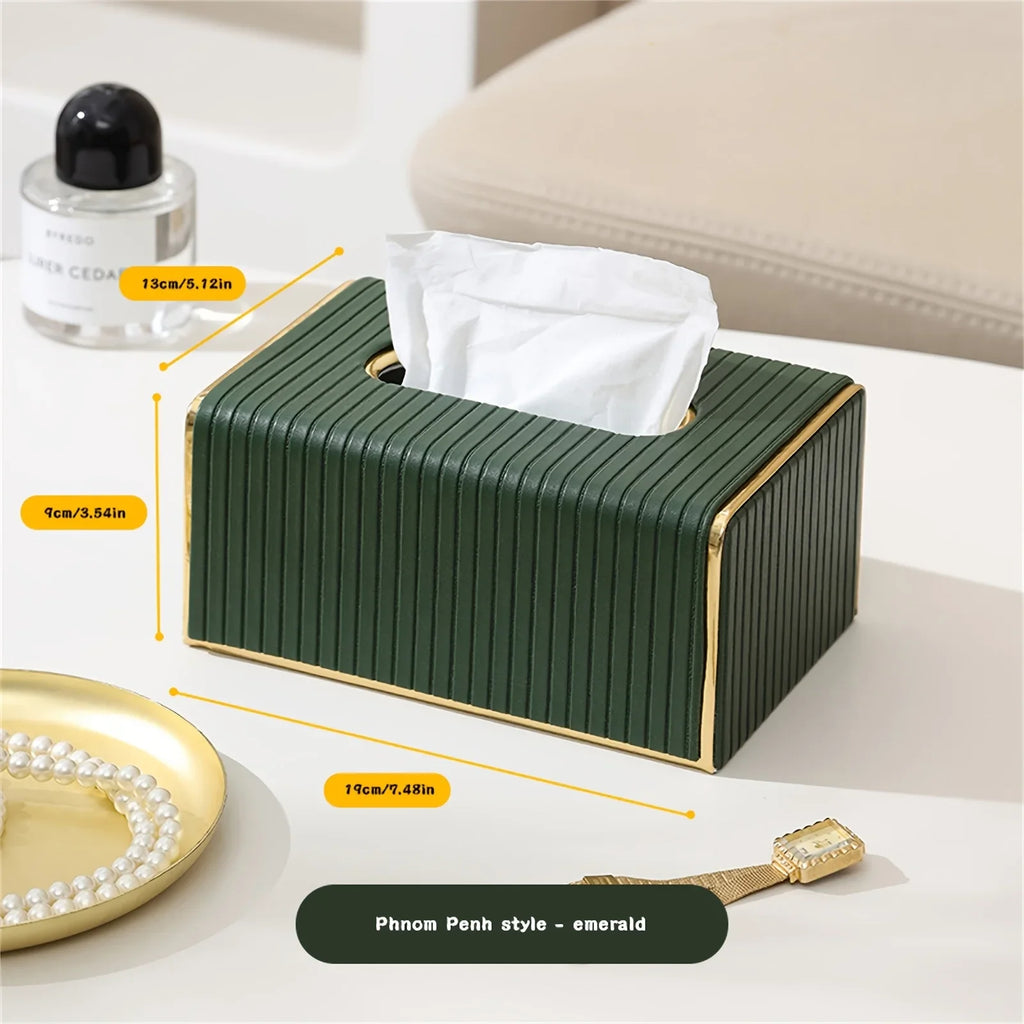 [Luxury Tissue Box Cover] Premium Faux Leather 1-Pack Striped Tissue Box Cover | Dual-Purpose for Dining Table & Home Decor, Golden Accents, Holds Standard Tissues, Modern Luxury Design for Living Room, Office, Hotel House Of Avana