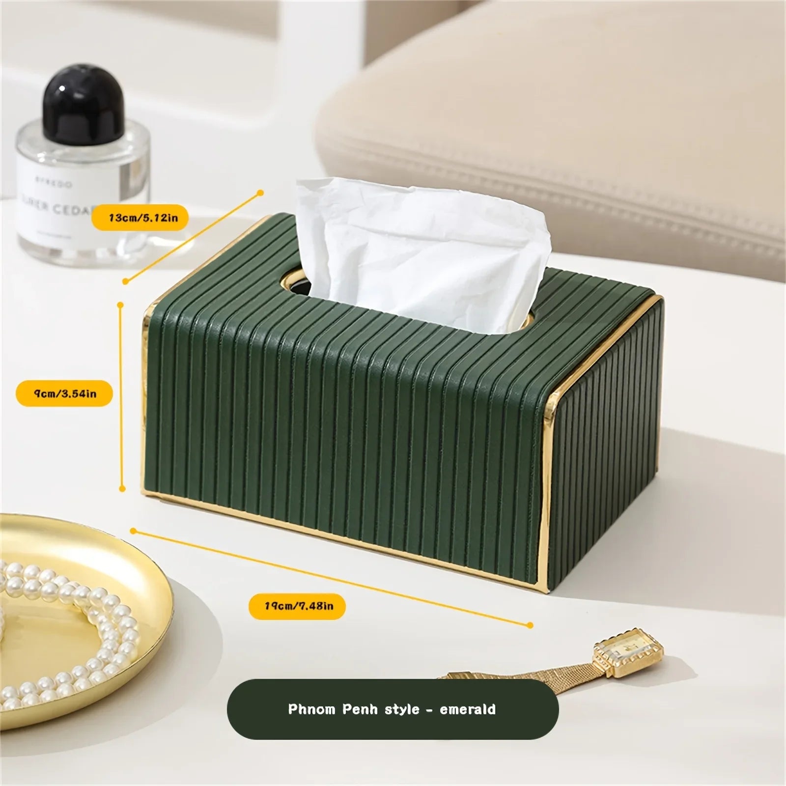 [Luxury Tissue Box Cover] Premium Faux Leather 1-Pack Striped Tissue Box Cover | Dual-Purpose for Dining Table & Home Decor, Golden Accents, Holds Standard Tissues, Modern Luxury Design for Living Room, Office, Hotel House Of Avana