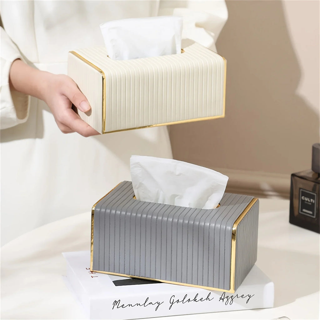 [Luxury Tissue Box Cover] Premium Faux Leather 1-Pack Striped Tissue Box Cover | Dual-Purpose for Dining Table & Home Decor, Golden Accents, Holds Standard Tissues, Modern Luxury Design for Living Room, Office, Hotel House Of Avana