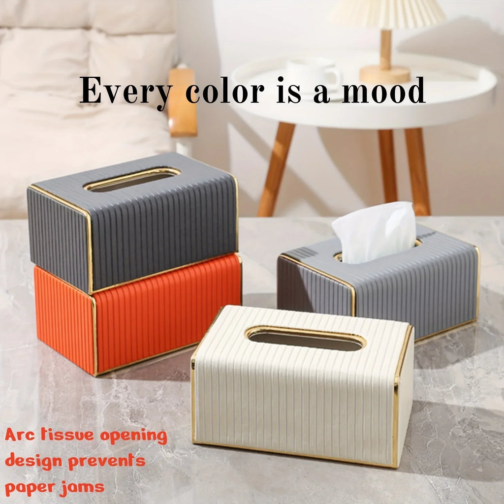 [Luxury Tissue Box Cover] Premium Faux Leather 1-Pack Striped Tissue Box Cover | Dual-Purpose for Dining Table & Home Decor, Golden Accents, Holds Standard Tissues, Modern Luxury Design for Living Room, Office, Hotel House Of Avana