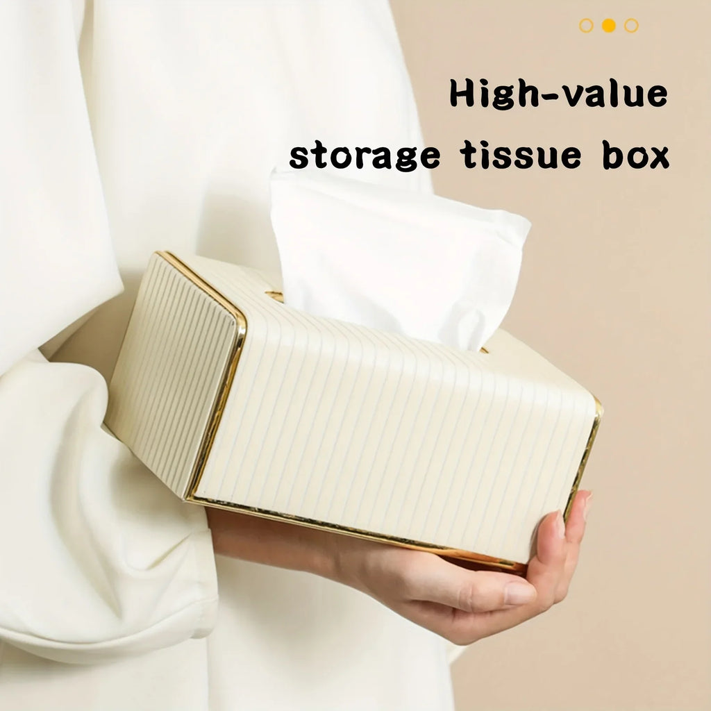 [Luxury Tissue Box Cover] Premium Faux Leather 1-Pack Striped Tissue Box Cover | Dual-Purpose for Dining Table & Home Decor, Golden Accents, Holds Standard Tissues, Modern Luxury Design for Living Room, Office, Hotel House Of Avana