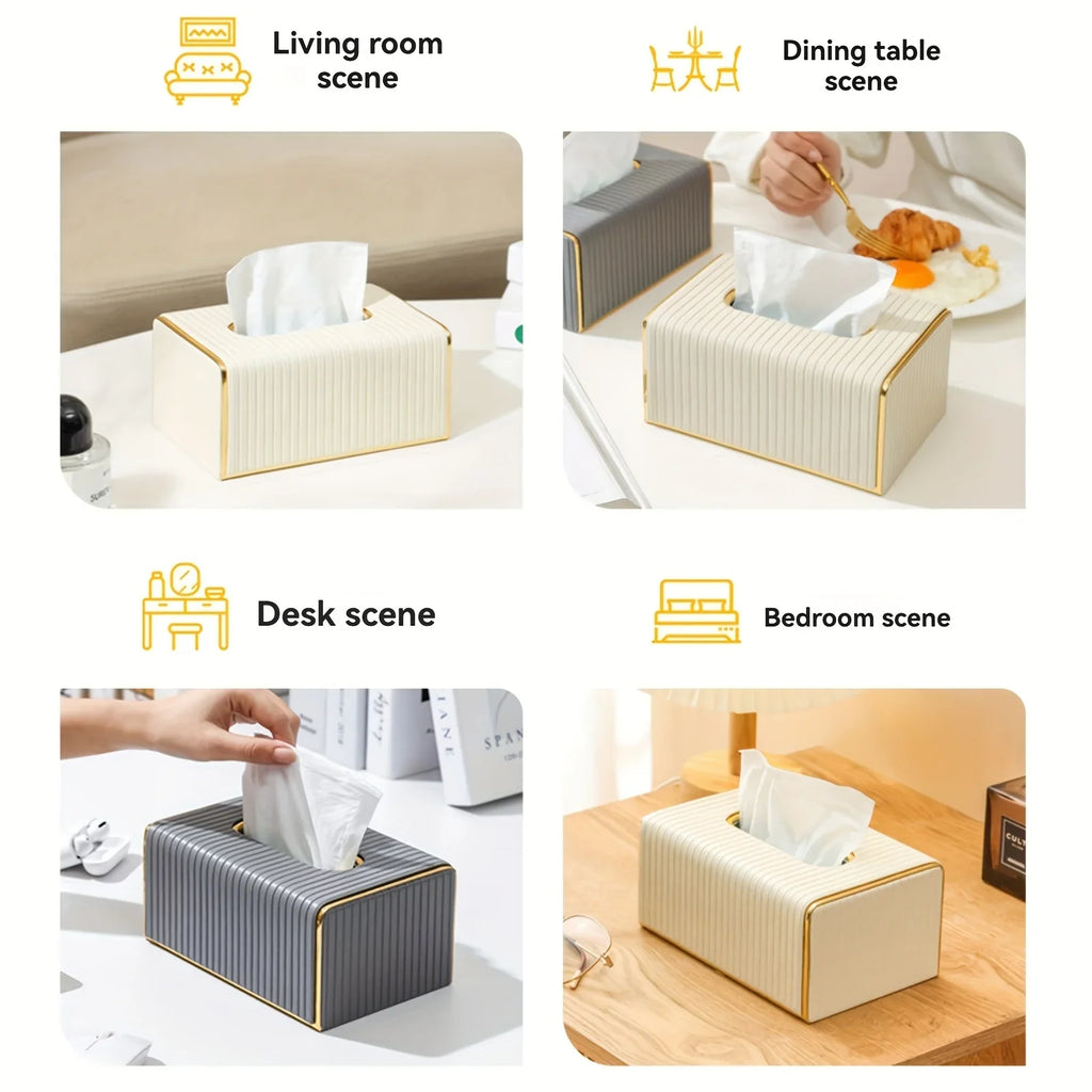 [Luxury Tissue Box Cover] Premium Faux Leather 1-Pack Striped Tissue Box Cover | Dual-Purpose for Dining Table & Home Decor, Golden Accents, Holds Standard Tissues, Modern Luxury Design for Living Room, Office, Hotel House Of Avana