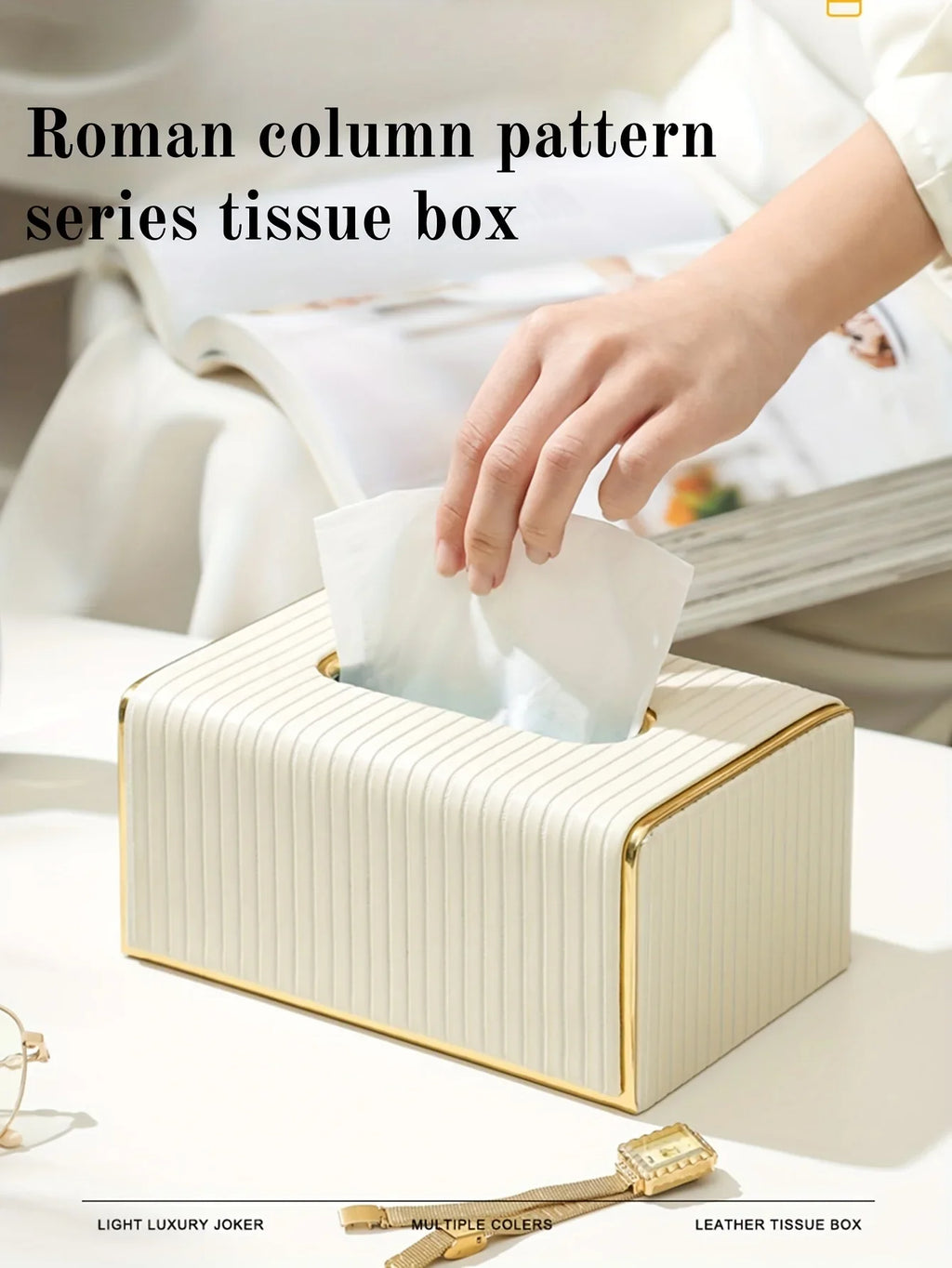 [Luxury Tissue Box Cover] Premium Faux Leather 1-Pack Striped Tissue Box Cover | Dual-Purpose for Dining Table & Home Decor, Golden Accents, Holds Standard Tissues, Modern Luxury Design for Living Room, Office, Hotel House Of Avana