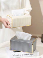 [Luxury Tissue Box Cover] Premium Faux Leather 1-Pack Striped Tissue Box Cover | Dual-Purpose for Dining Table & Home Decor, Golden Accents, Holds Standard Tissues, Modern Luxury Design for Living Room, Office, Hotel House Of Avana