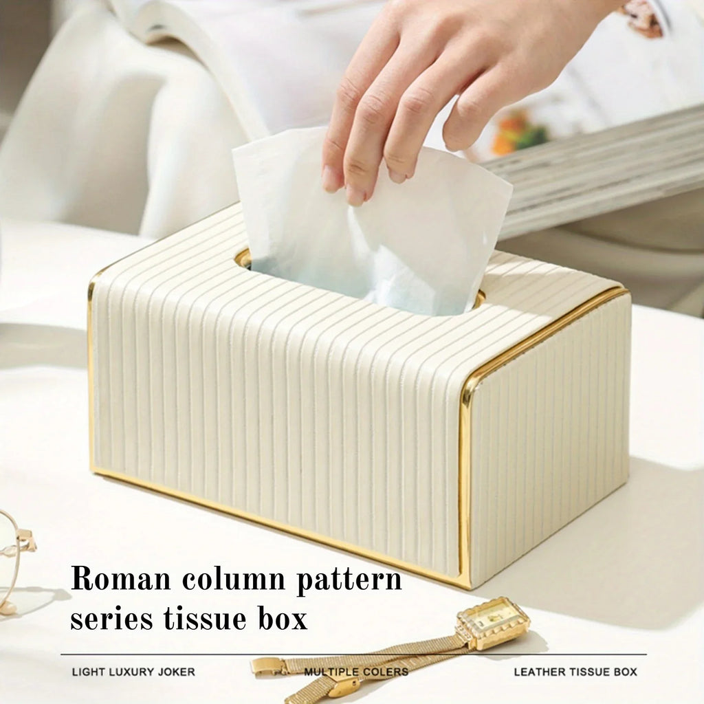 [Luxury Tissue Box Cover] Premium Faux Leather 1-Pack Striped Tissue Box Cover | Dual-Purpose for Dining Table & Home Decor, Golden Accents, Holds Standard Tissues, Modern Luxury Design for Living Room, Office, Hotel House Of Avana