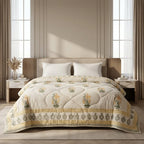 Cream & Golden Yellow Jaipur Indian hand block print floral quilted comforter | hand block printed muslin cotton quilt Jaipur India | Indian handicraft bedding | Sanganer floral comforter Queen King | artisan block print | House of Avana