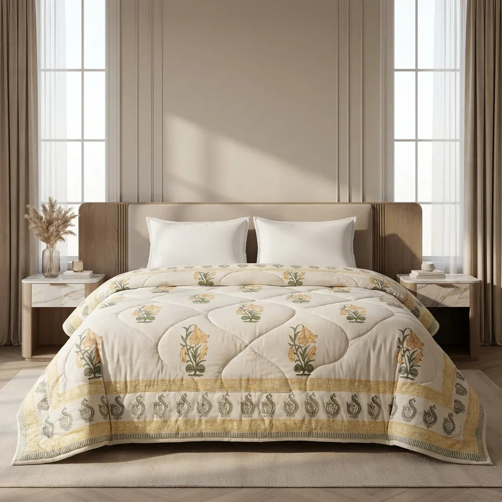 Cream & Golden Yellow Jaipur Indian hand block print floral quilted comforter | hand block printed muslin cotton quilt Jaipur India | Indian handicraft bedding | Sanganer floral comforter Queen King | artisan block print | House of Avana