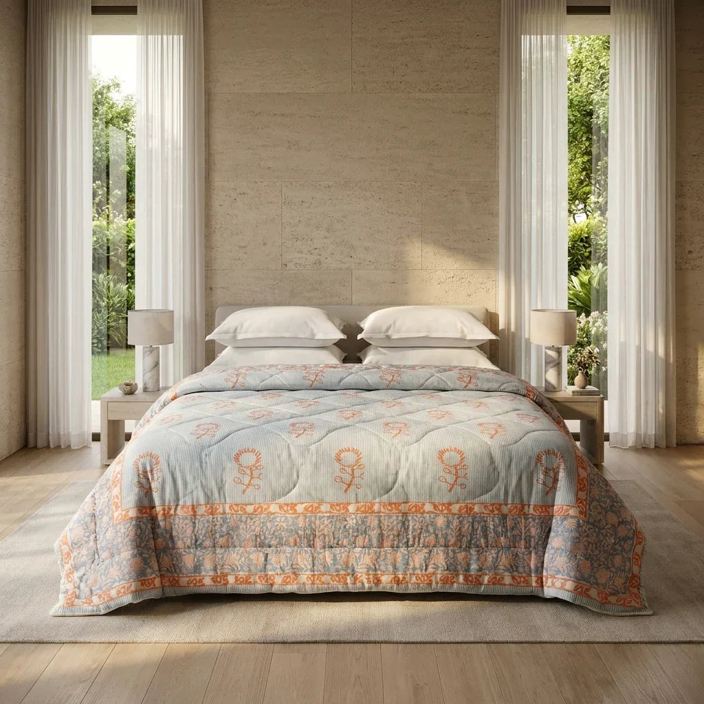 Cream & Golden Yellow Olive Jaipur Indian hand block print floral quilted comforter | Indian handicraft Jaipur hand block print cotton muslin comforter | floral quilted bedspread Sanganer | block print Queen King bedding India | House of Avana